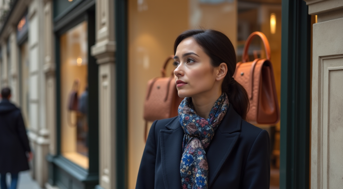 Femme élégante regardant une vitrine de sacs de luxe à Paris