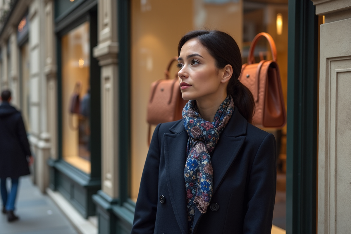 Femme élégante regardant une vitrine de sacs de luxe à Paris