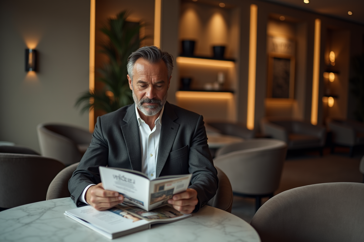 Homme confiant examinant un catalogue de montres dans une boutique