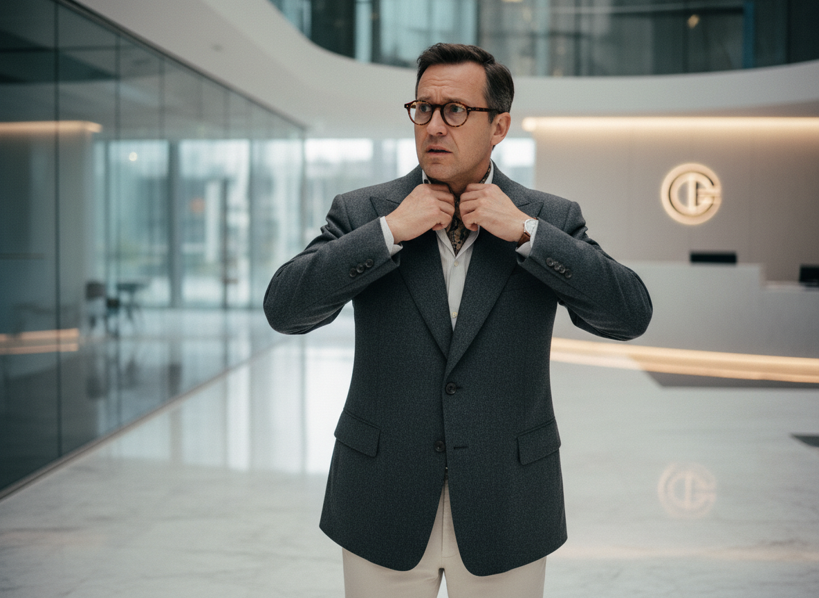 Homme en costume gris dans un lobby moderne