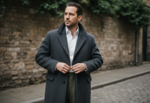 Homme en manteau en laine avec chemise oxford