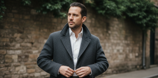 Homme en manteau en laine avec chemise oxford