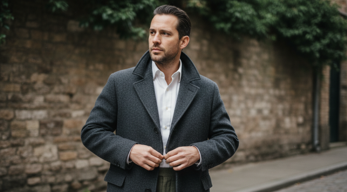 Homme en manteau en laine avec chemise oxford