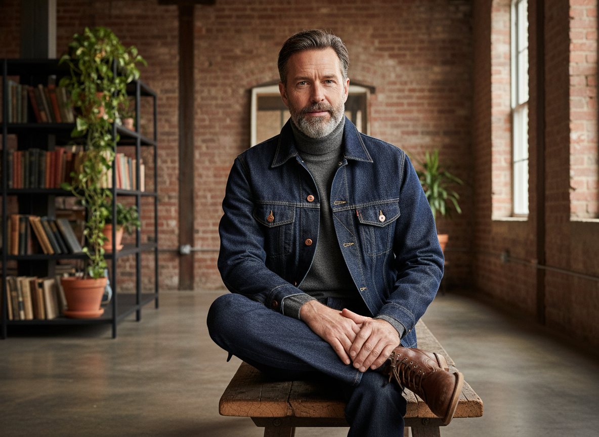 Homme en veste en denim et bottes en cuir assis