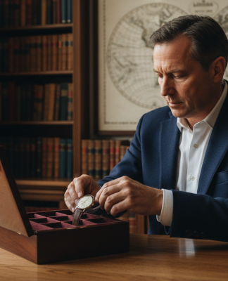 Homme d'âge moyen plaçant une montre vintage dans une boîte en velours