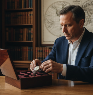 Homme d'âge moyen plaçant une montre vintage dans une boîte en velours