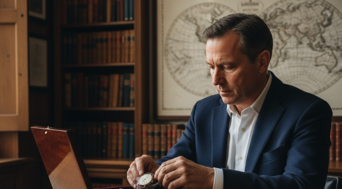 Homme d'âge moyen plaçant une montre vintage dans une boîte en velours