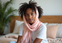 Jeune femme noire portant un foulard satin rose dans un lit lumineux