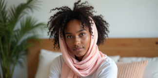 Jeune femme noire portant un foulard satin rose dans un lit lumineux