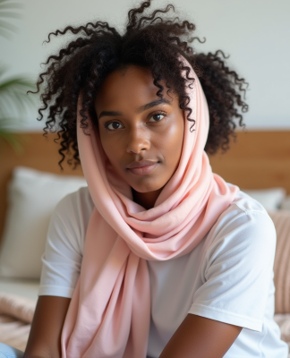 Jeune femme noire portant un foulard satin rose dans un lit lumineux