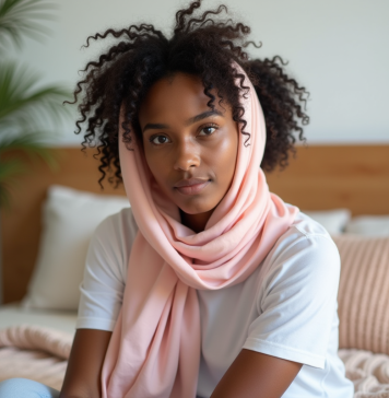 Jeune femme noire portant un foulard satin rose dans un lit lumineux