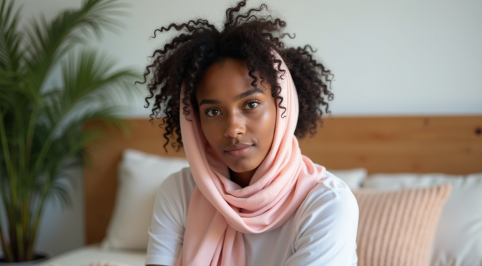 Jeune femme noire portant un foulard satin rose dans un lit lumineux