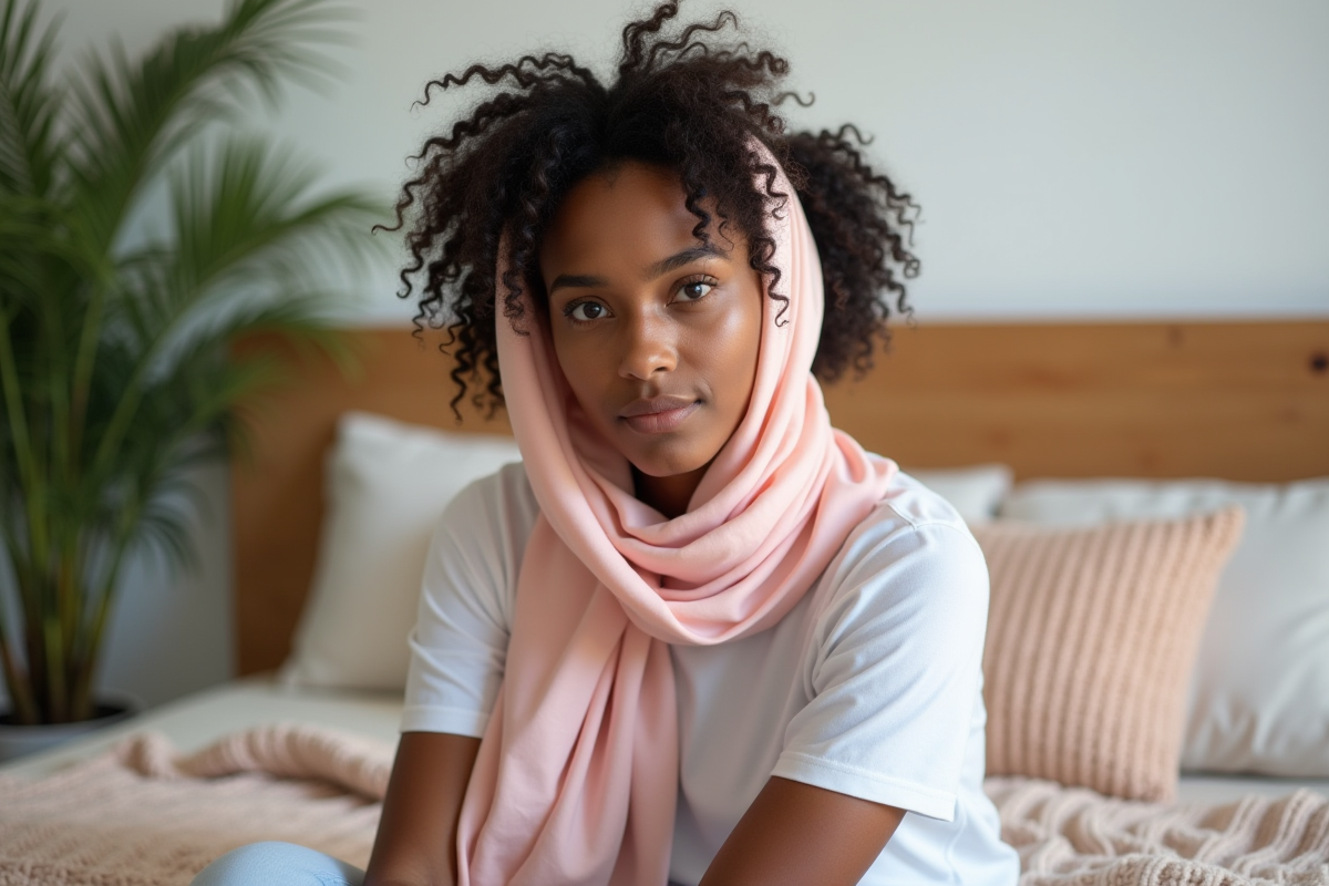 Jeune femme noire portant un foulard satin rose dans un lit lumineux