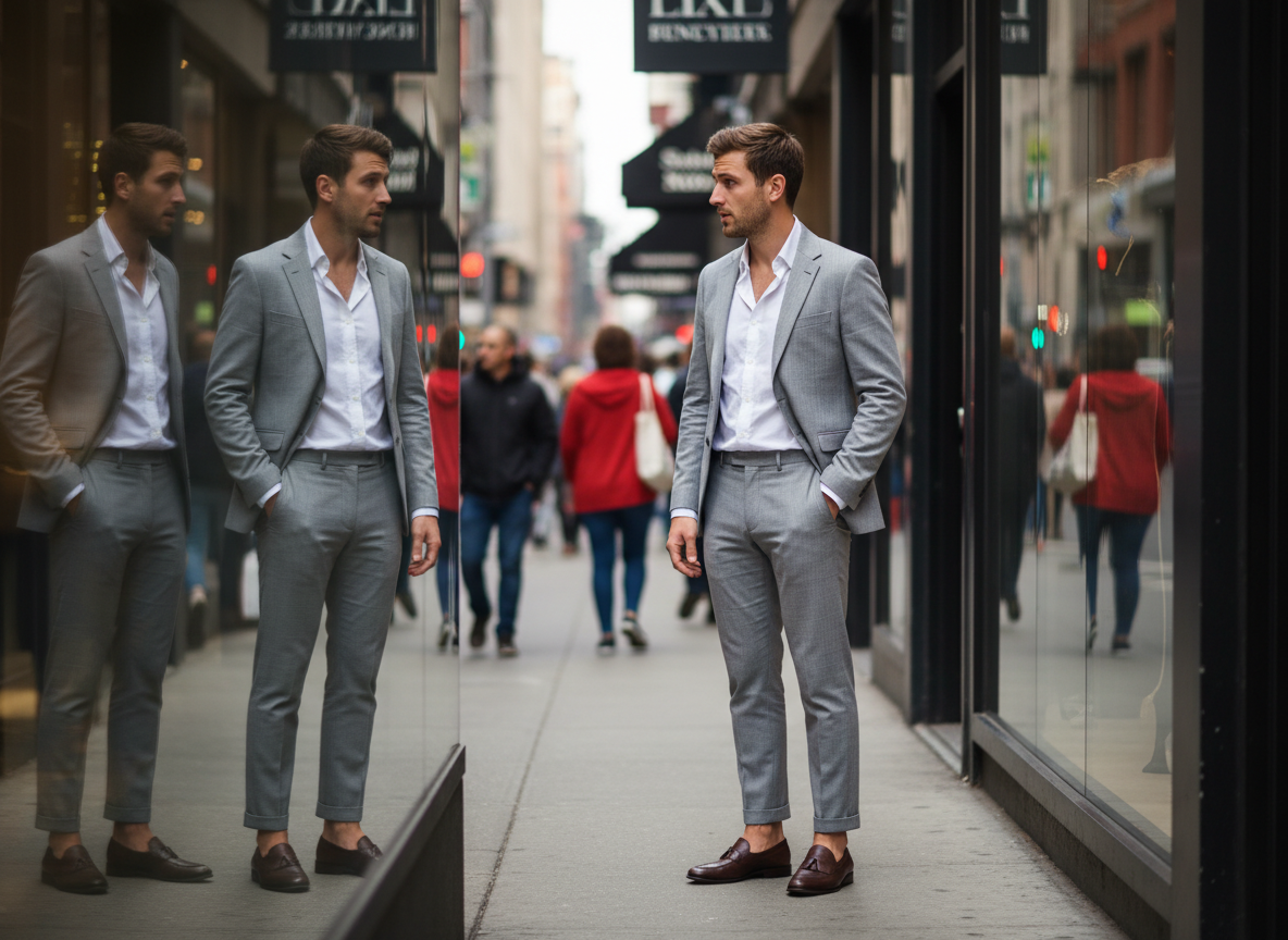 Jeune homme regardant son reflet dans une vitrine urbaine