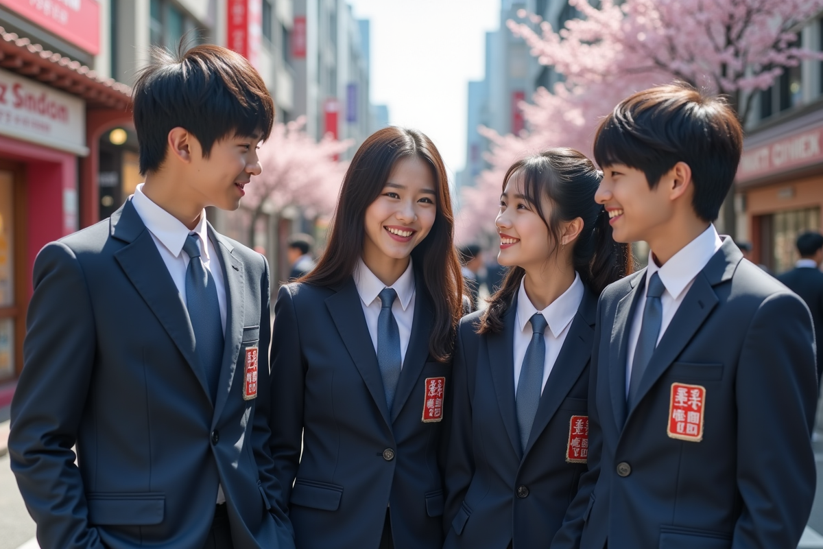 Jeunes lycéens japonais en uniforme dans une rue animée