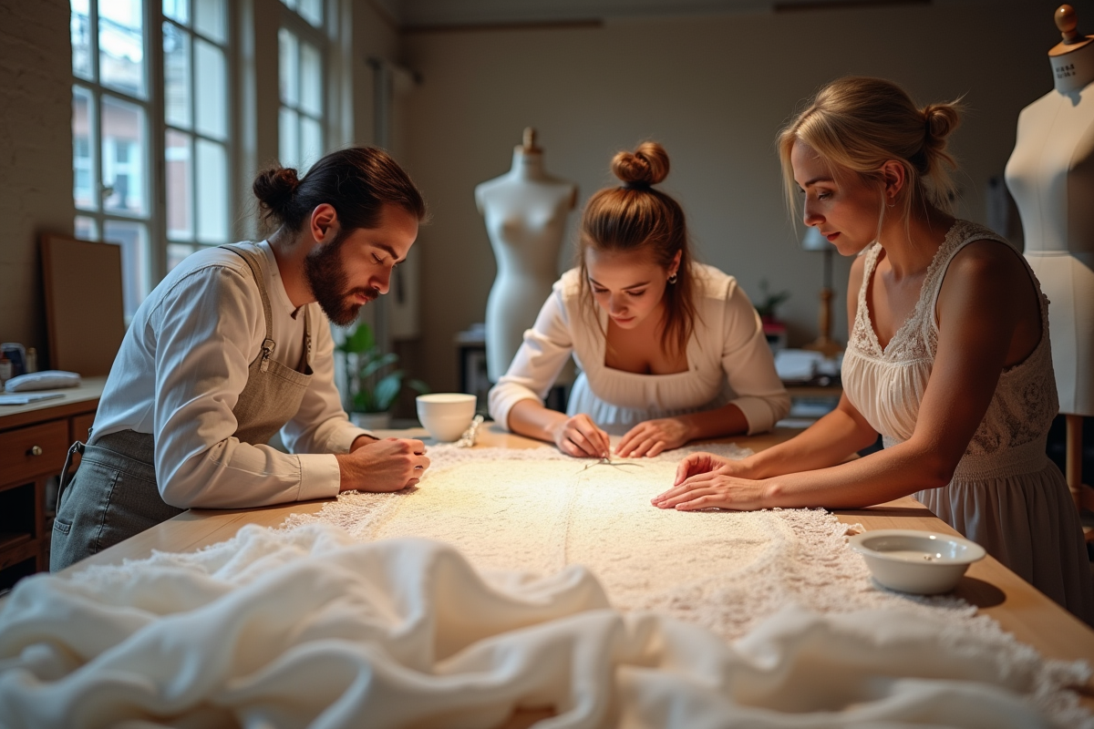 Artisans couture travaillant sur un vêtement dans un atelier
