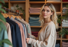 Femme blonde choisissant une echarpe en boutique