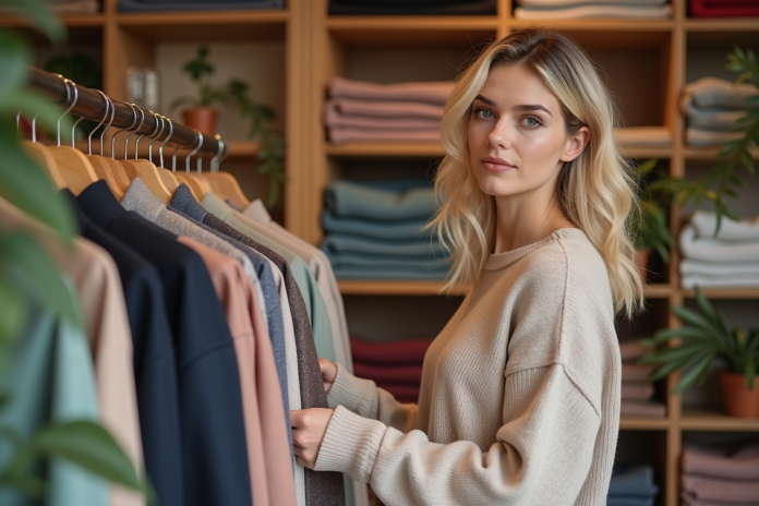 Femme blonde choisissant une echarpe en boutique
