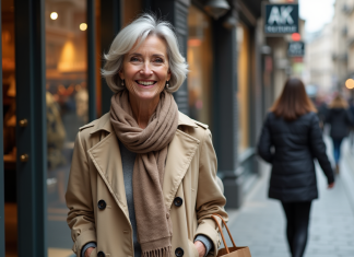 Femme souriante sortant d'une boutique urbaine avec sac en main