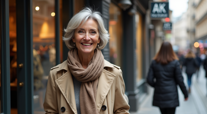 Femme souriante sortant d'une boutique urbaine avec sac en main