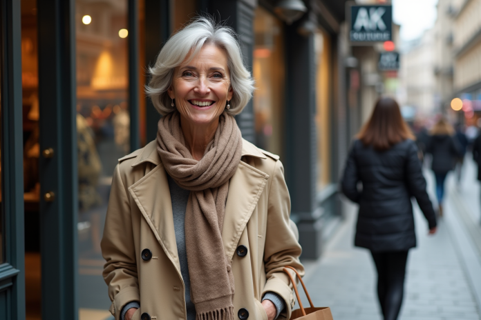 femme-boutique-urbaine Femme souriante sortant d'une boutique urbaine avec sac en main