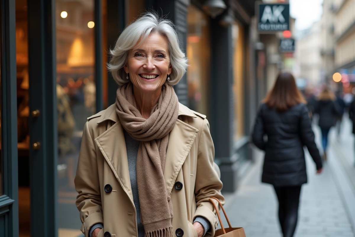 Femme souriante sortant d'une boutique urbaine avec sac en main