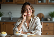 Femme appliquant rouge à lèvres maison dans la cuisine