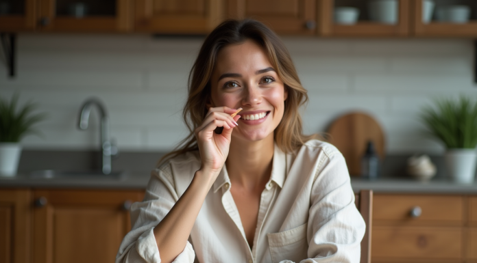 Femme appliquant rouge à lèvres maison dans la cuisine