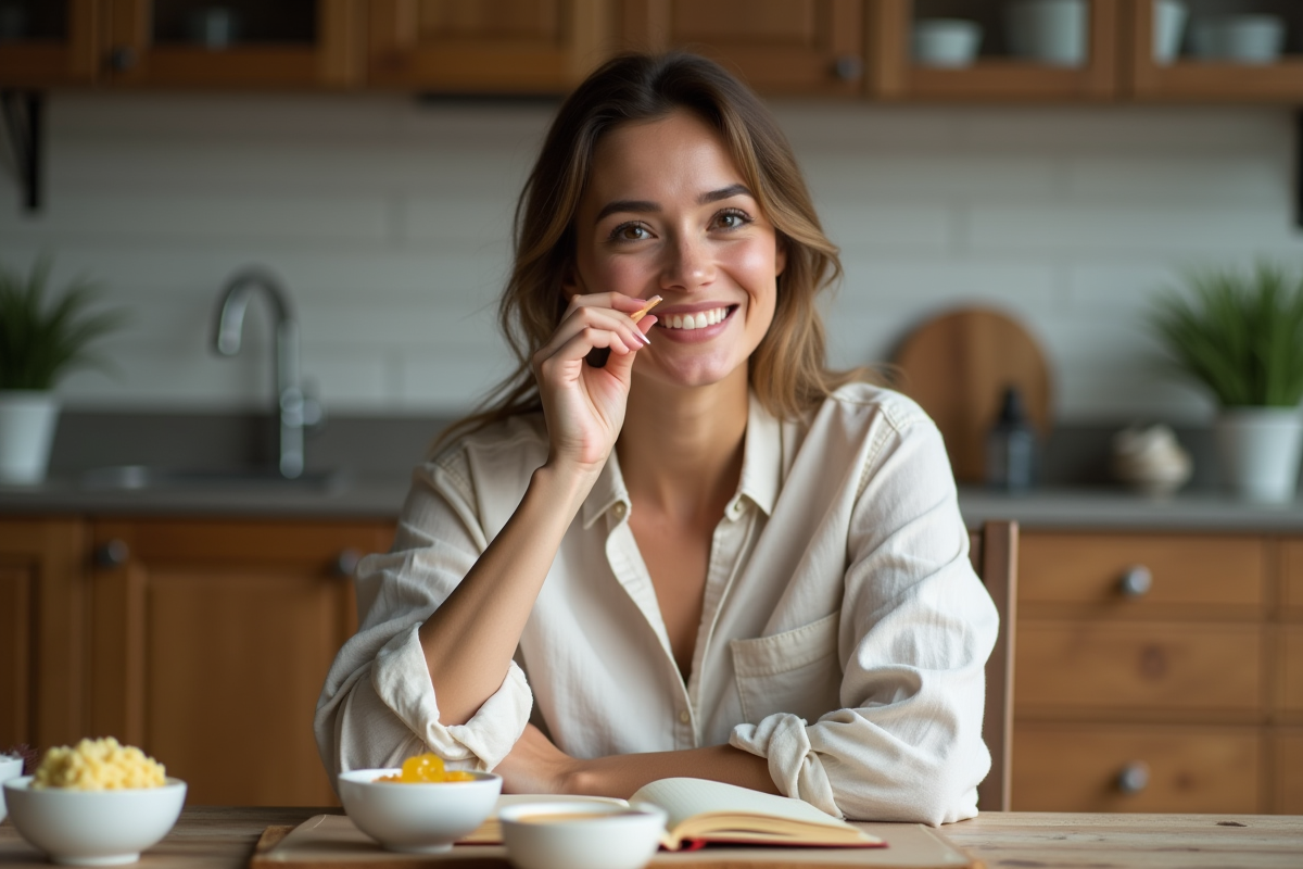 Femme appliquant rouge à lèvres maison dans la cuisine