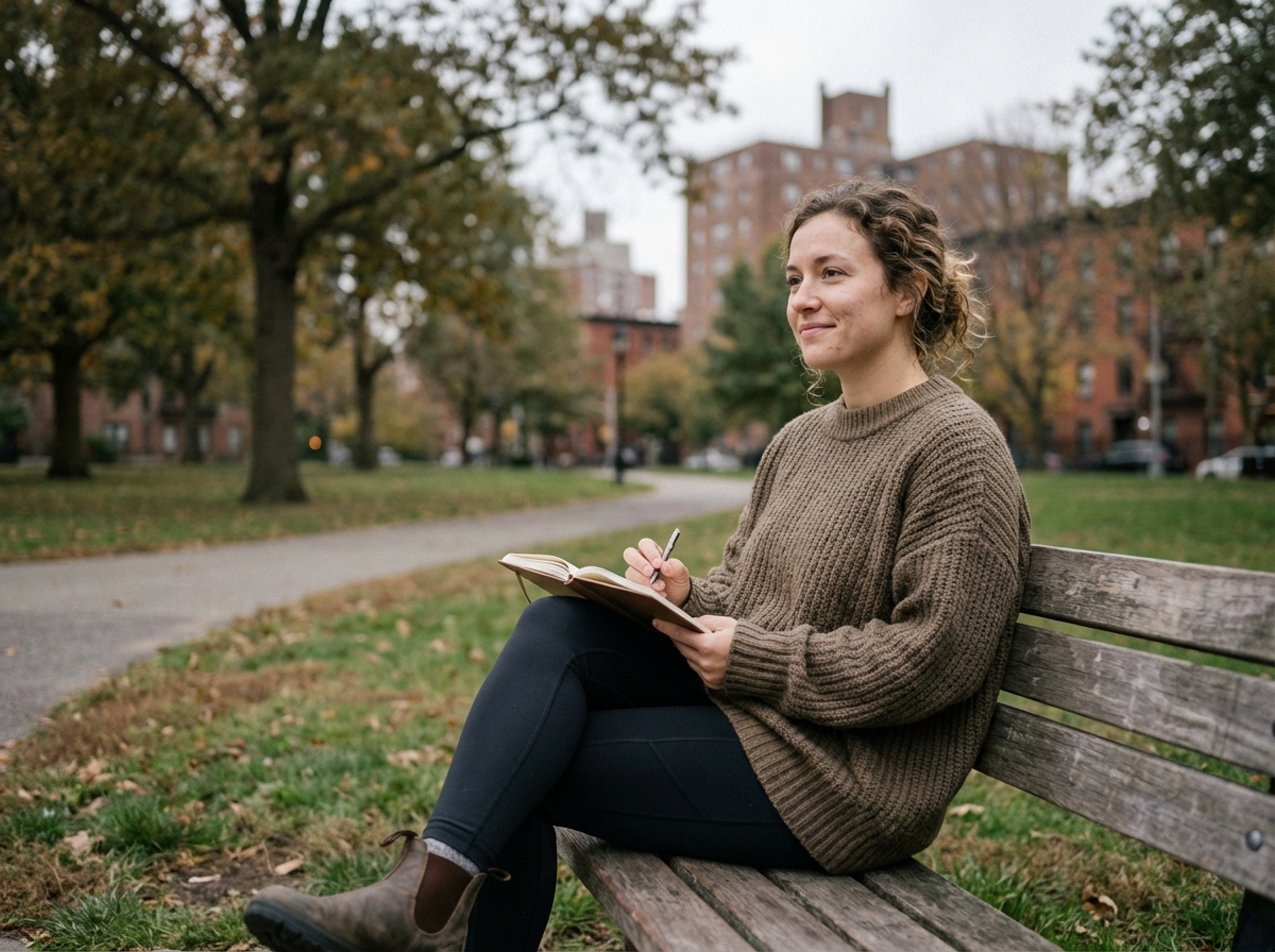 Femme souriante écrivant dans un parc urbain calme