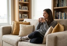 Femme détendue buvant une tisane dans un salon moderne