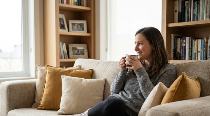 Femme détendue buvant une tisane dans un salon moderne