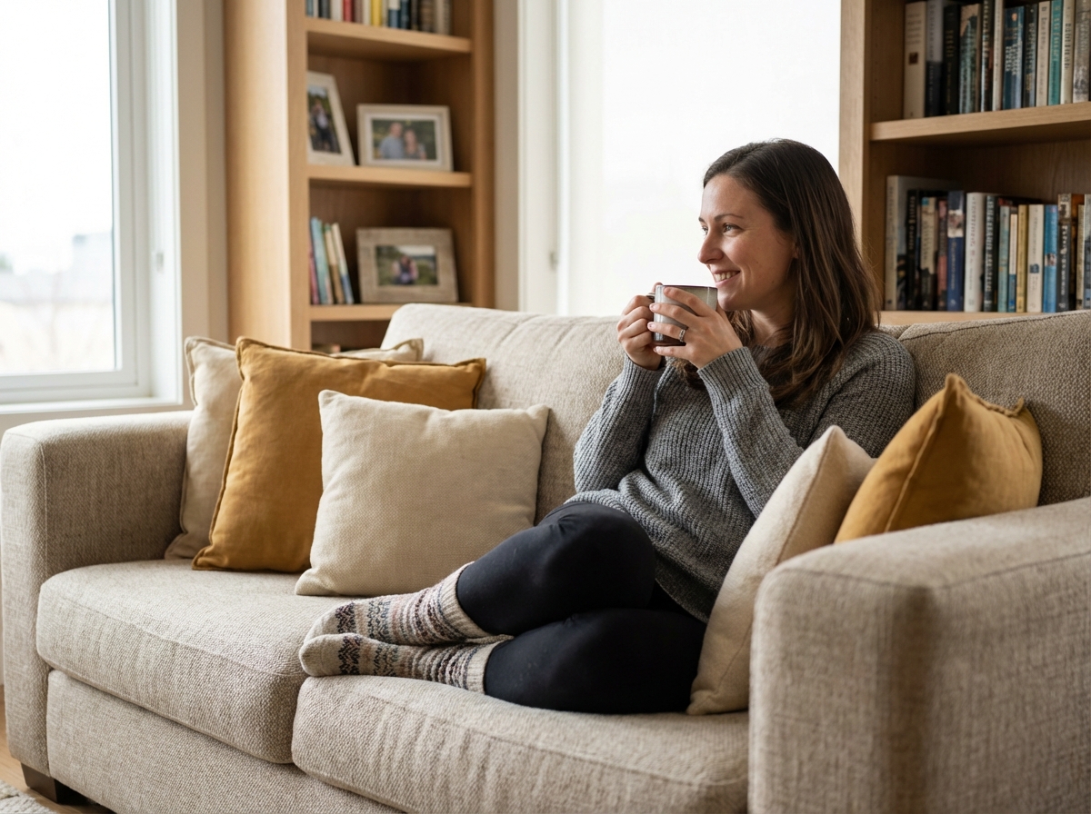 Femme détendue buvant une tisane dans un salon moderne