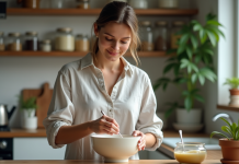 Comment concocter un gommage corporel naturel fait maison avec des produits de cuisine Jeune femme préparant un gommage maison dans la cuisine