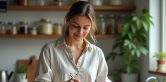 Jeune femme préparant un gommage maison dans la cuisine