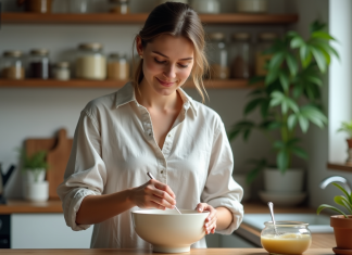 Comment concocter un gommage corporel naturel fait maison avec des produits de cuisine Jeune femme préparant un gommage maison dans la cuisine