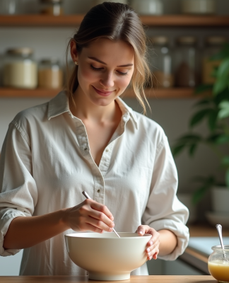 Jeune femme préparant un gommage maison dans la cuisine