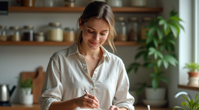 Jeune femme préparant un gommage maison dans la cuisine