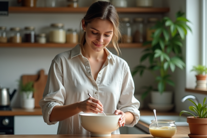 femme-mixant-scrub-maison Jeune femme préparant un gommage maison dans la cuisine