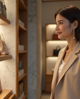 Femme élégante en blazer beige dans une boutique de mode