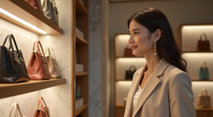 Femme élégante en blazer beige dans une boutique de mode