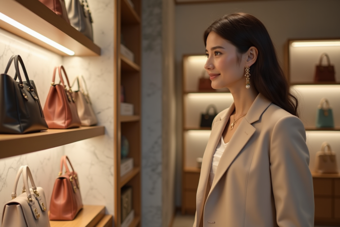 femme-mode-boutique Femme élégante en blazer beige dans une boutique de mode