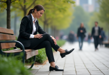 Femme en tenue casual se relaxant dans un parc urbain