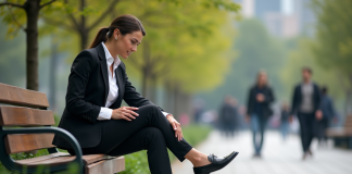 Femme en tenue casual se relaxant dans un parc urbain