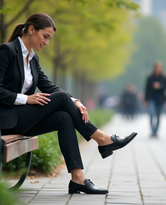 Femme en tenue casual se relaxant dans un parc urbain