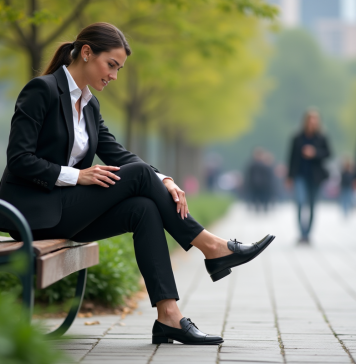 Soulager les pieds : astuces pour des chaussures confortables tout au long de la journée Femme en tenue casual se relaxant dans un parc urbain