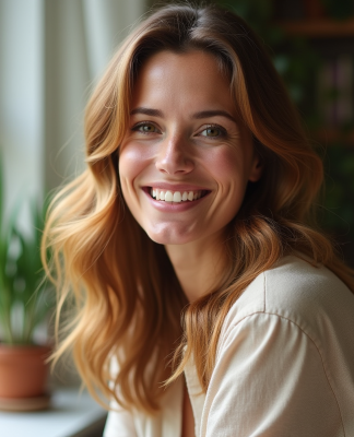 Femme souriante aux cheveux châtain dans un intérieur cosy