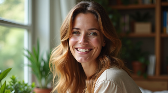 Femme souriante aux cheveux châtain dans un intérieur cosy