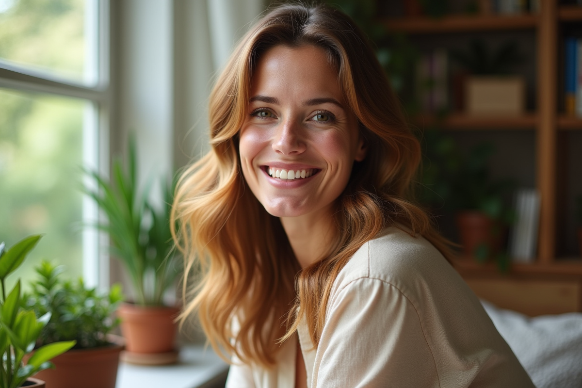 Femme souriante aux cheveux châtain dans un intérieur cosy