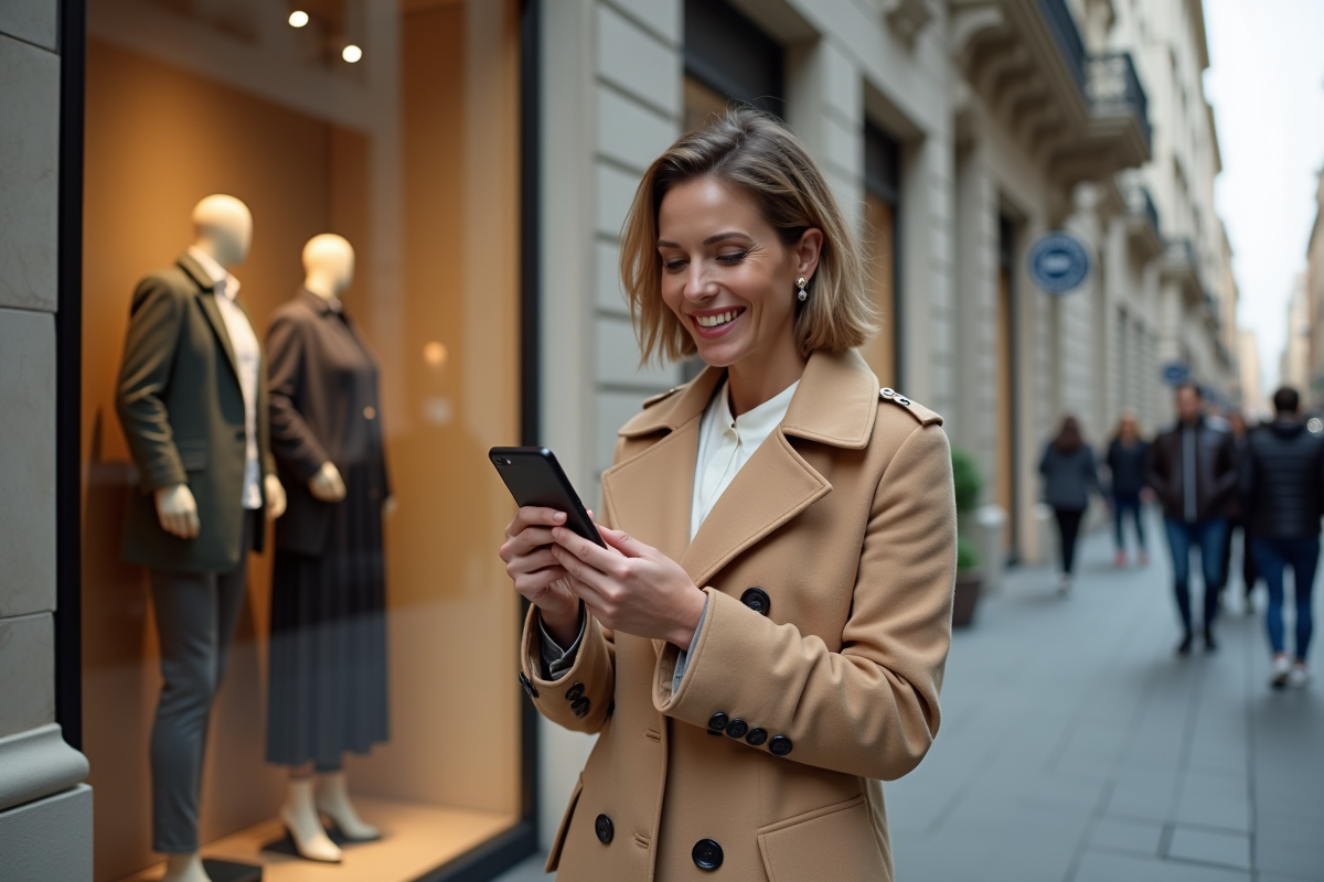 Femme souriante devant une boutique de vêtements